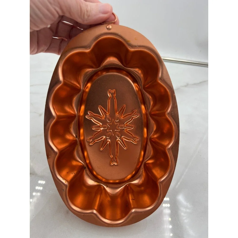 Vintage Copper Snowflake Starburst Oval Jello Cake Mold 3 Cup Wall Decor Hanging